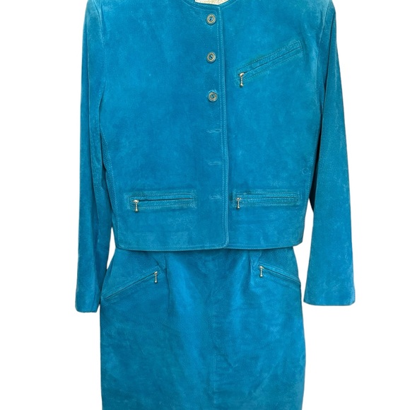Margaret Godfrey  Union Made Turquoise Suede Skirt Suit  Vtg S 10 - Picture 6 of 14